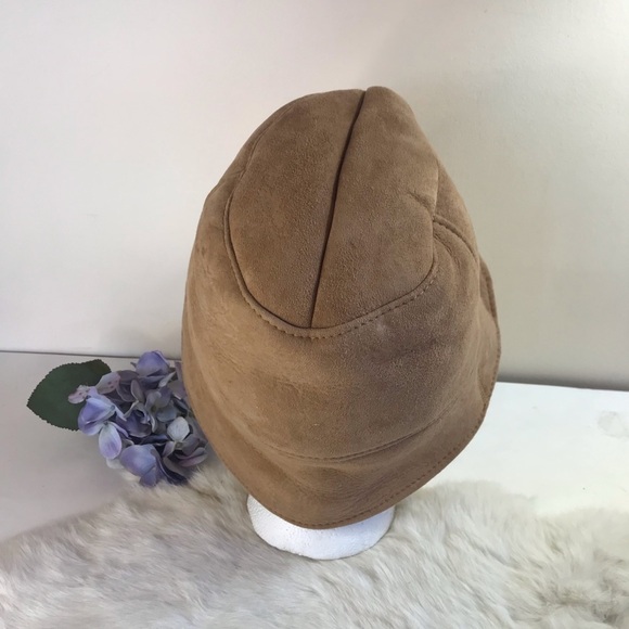 Vintage 70s Shearling Suede Bucket Hat Real Fur Beige Tan Unisex Men Women - Picture 7 of 13